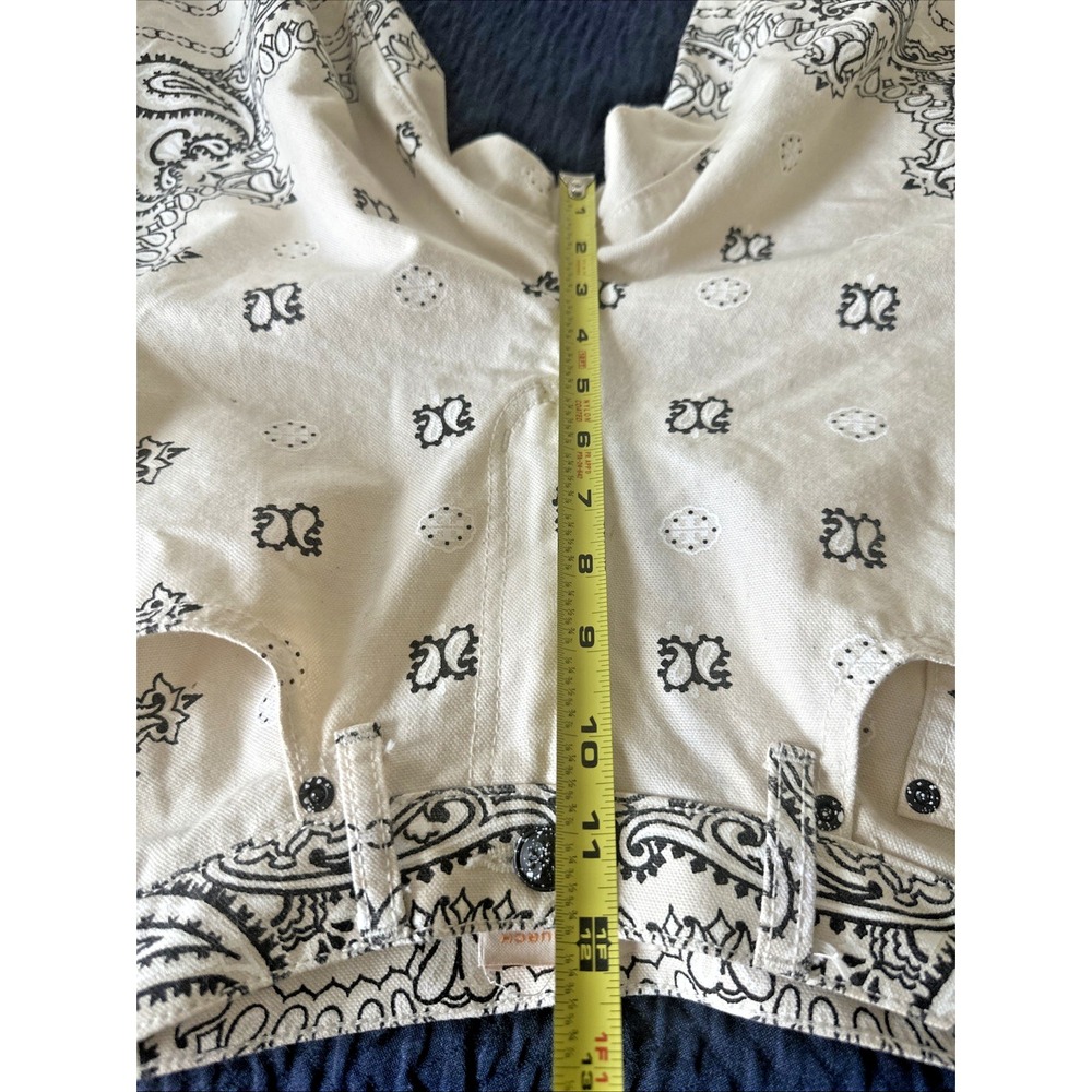 Tory Burch Size 27 Paisley Logo Raw Edge Boot Denim Pant Ivory Americana Bandana - Picture 14 of 15